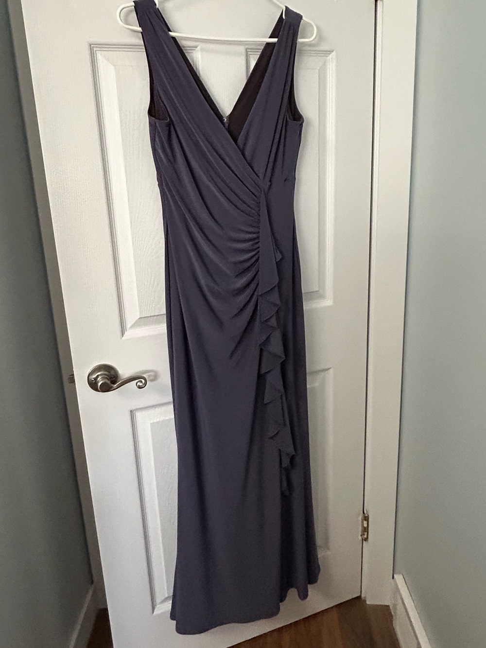 le chateau Slate Gray Sleeveless Ruffled V-Neck Maxi Dress